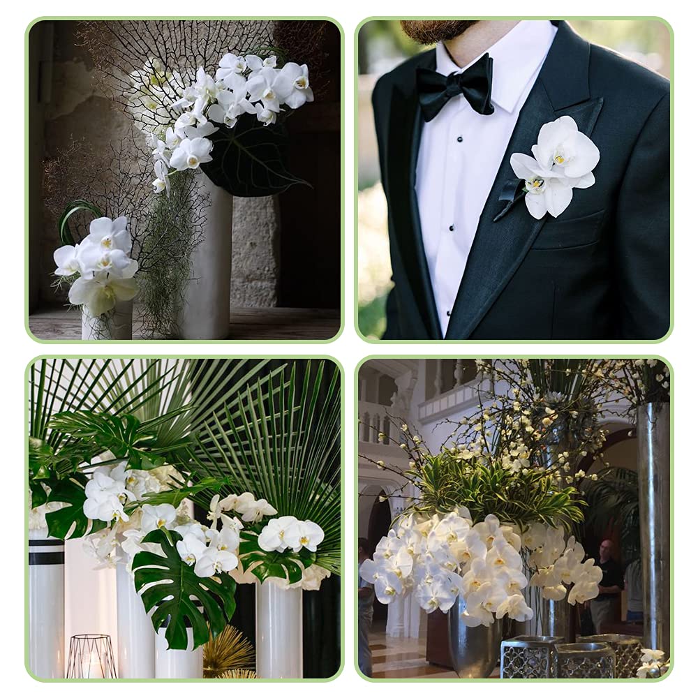 Artificial Phalaenopsis Flowers 4 Pcs, 15” Fake Silk Orchids with Stem Leaves for Valentine&#39;s Day Home Office Wedding Party Décor (White)