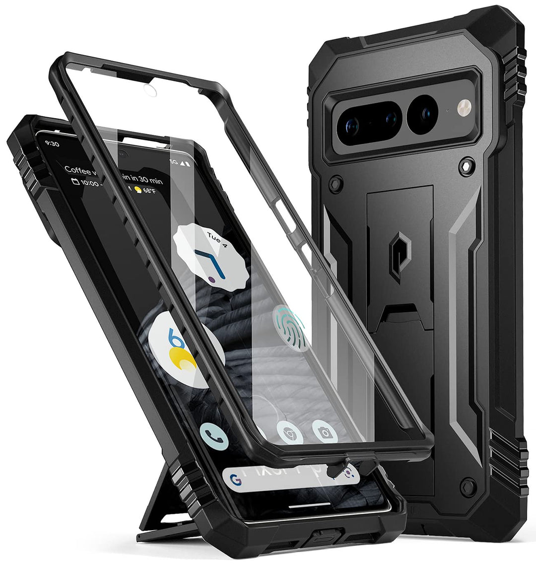 Revolution Case Compatible with Pixel 7 Pro 5G, Full Body Rugged Shockproof Protective Cover Case with Kickstand, Built-in Screen Protector Work with Fingerprint ID, Black