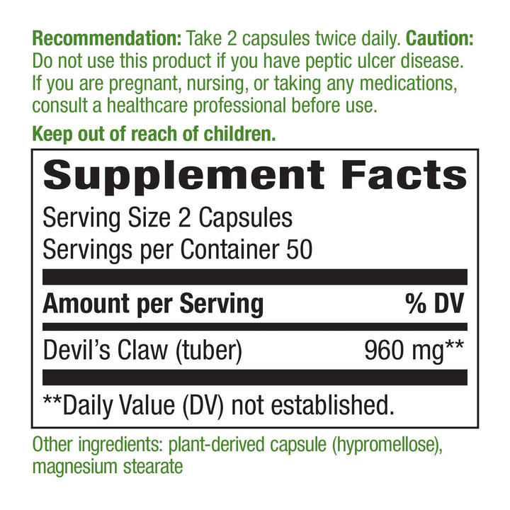 Nature&#39;s Way, Devil&#39;s Claw, Secondary Root, 480 mg, 100 Vegetarian Capsules