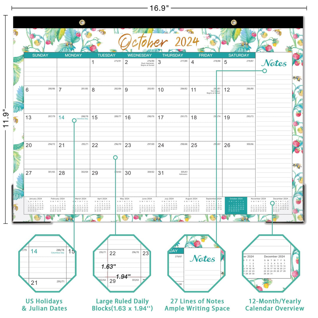 Desk Calendar 2024 – Jan. 2024 - Dec. 2024, 12 Monthly Large Desk/Wall Calendar 2024 Planner, 12&#39;&#39; x 17 Tearable Desk Calendar, Corner Protectors, Hanging Holes, Ample Blocks &amp; Notes