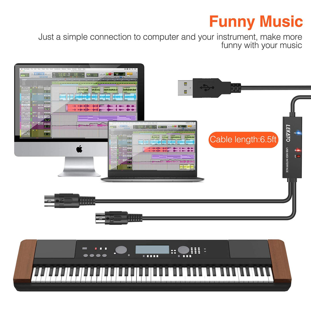 USB MIDI Cable, MIDI to USB Cable 6.5Ft with Input &amp; Output Connecting with Keyboard, Synthesizer for Editing &amp; Recording, Midi to USB for Laptop Computer Windows and Mac