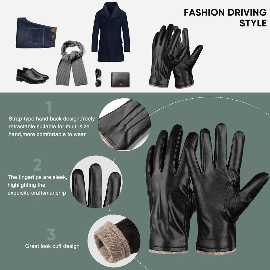 Winter PU Leather Gloves For Men, Warm Thermal Touchscreen Texting Typing Dress Driving Motorcycle Gloves With Wool Lining (Black-L)