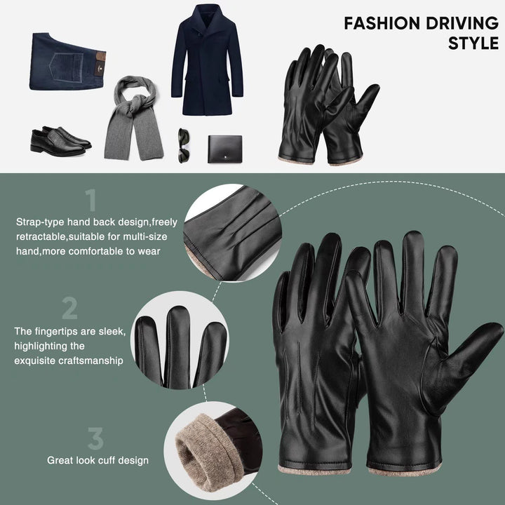 Winter PU Leather Gloves For Men, Warm Thermal Touchscreen Texting Typing Dress Driving Motorcycle Gloves With Wool Lining (Black-L)