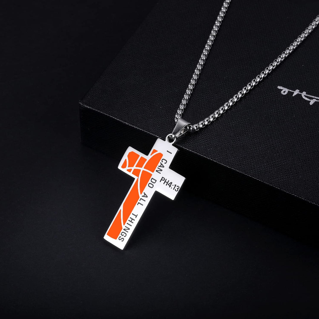 Basketball Cross Necklace for Men Bible Verse I CAN DO All Things Stainless Steel Sport Pendant for Men(Silver)