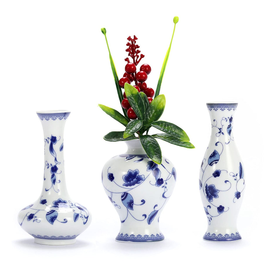 Chinese Ceramic Vase Set - Small Blue and White Porcelain Vases, Fambe Glaze Porcelain Vases Set of 3, Classic Ceramic Flower Vases for Home Table,Bookshelf, Cupboard Décor