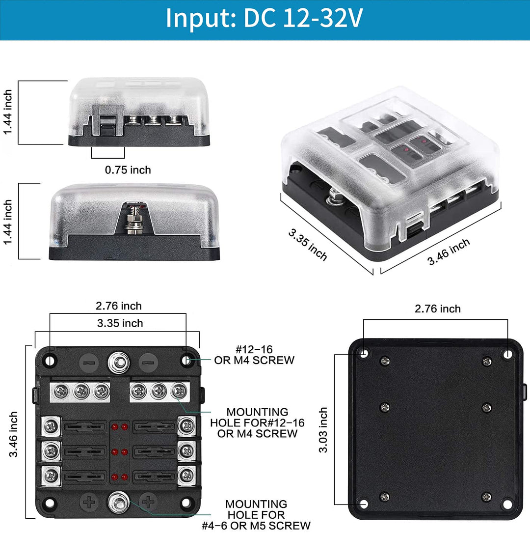 12 Volt Fuse Block, Waterproof 6 Way Fuse Box with 6 Ground Negative Busbar for Automotive[100 Amp Max] [ATC/ATO Fuses] [LED Indicator] [2 Spare Fuse Slots] for Car Boat Marine RV DC 12-24V