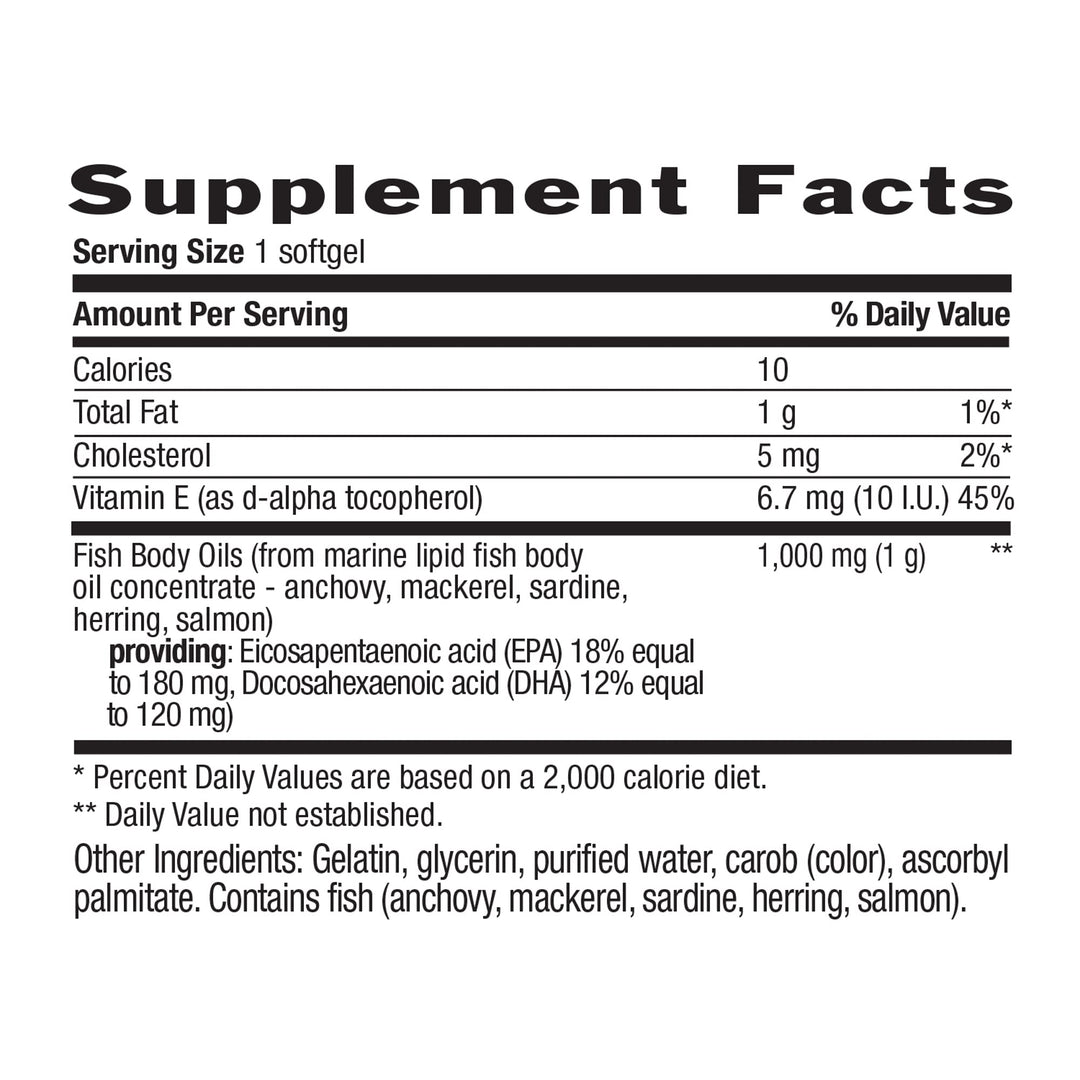 Omega-3 Fish Oil Supplement, 1000mg, 180mg EPA &amp; 120mg DHA, Fish Oil Concentrate, Burpless, 200 Softgels, Certified Gluten Free