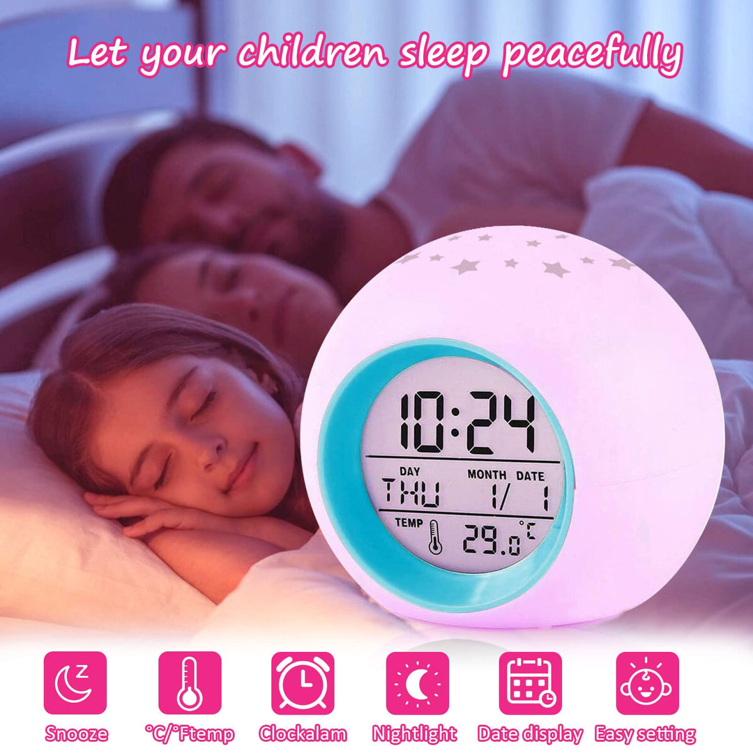 Kids Alarm Clock,Moon Stars 7 Color Changing Night Light Projector Alarm Clock,Temperature Detect for Toddler Digital Kids Alarm Clock,Students to Wake up at Bedroom Bedside for Alarm Clock Boys Girls