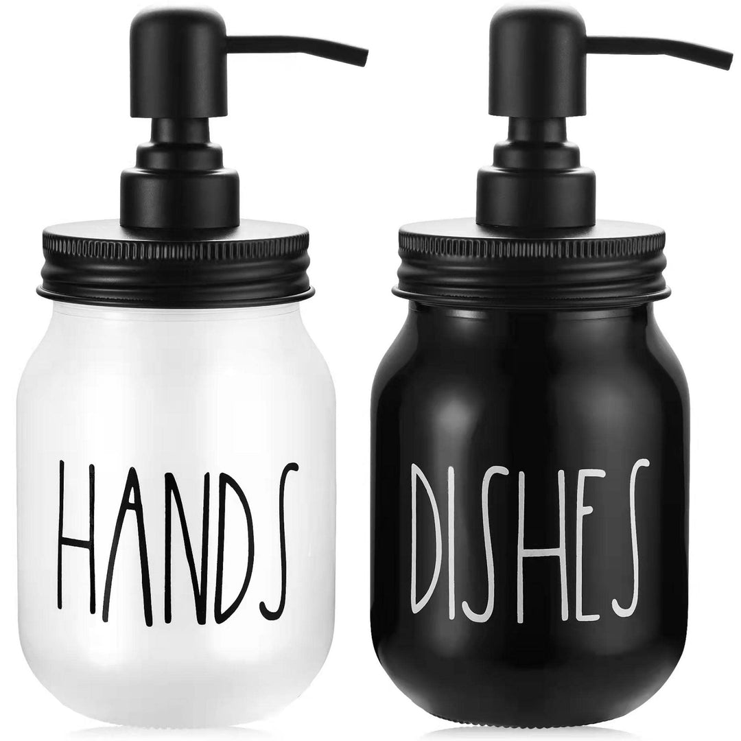 Kitchen Soap Dispenser Set - Hand and Dish Soap Dispenser for Kitchen Sink - Mason Jar Soap Dispenser Glass - Farmhouse Kitchen Decor (Black/White)