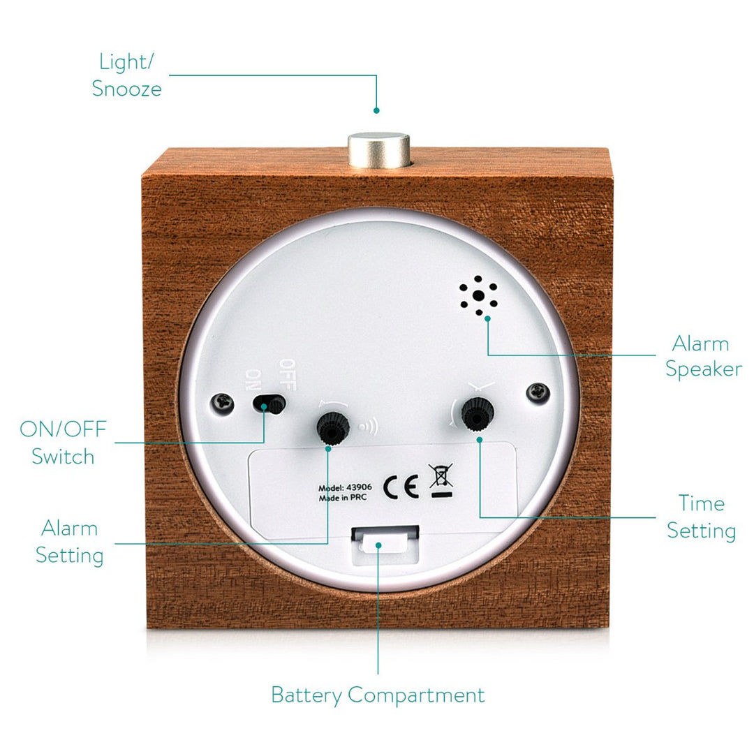 Wood Analog Alarm Clock - Square Battery-Operated Non-Ticking Clock with Snooze Button and Light - Dark Brown