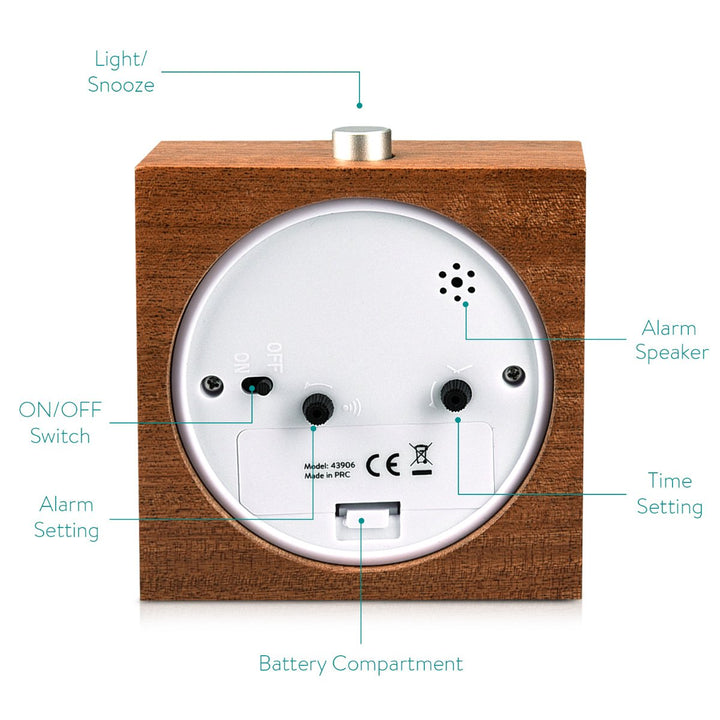 Wood Analog Alarm Clock - Square Battery-Operated Non-Ticking Clock with Snooze Button and Light - Dark Brown