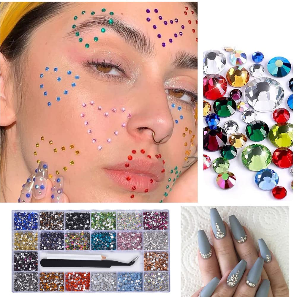 14400Pcs Mixed Size Flat Back Nail Art Crystal Rhinestones, 20 Colors Round Crystal Gems Non Hotfix (1.3-5mm) AB Glass Crystal Stones Diamonds for Nail Art Crafts Decorations with Picking Pen