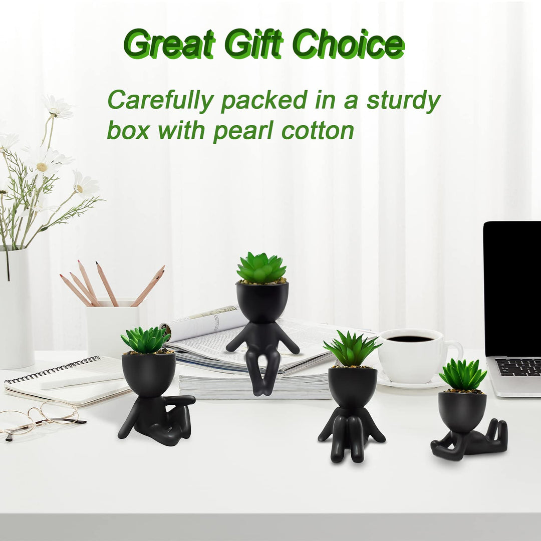 4 PCS Fake Succulent with Ceramic Artificial Succulent Planter Pot for Home Decor, Cute Human Shaped Mini Pots for Office Desk Bathroom Decorations (Matte Black)
