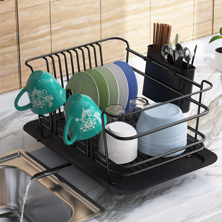 Dish Drying Rack, Dish Drainer for Kitchen Rustproof Dish Rack and Drainboard Set with Removable Utensil Holder and Adjustable Swivel Spout, Countertop or in Sink Dry Rack (Black)