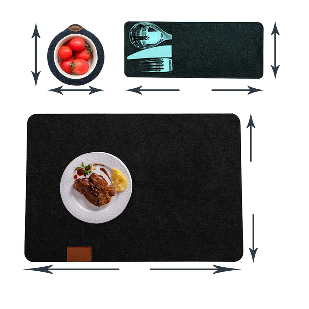 Dining Table Mat, Felt Table Mat Set, 6 Table Mats, 6 Glass Coasters, 6 Tableware Bags, High Temperature Resistant Washable Non-Slip Placemats (Dark Grey)