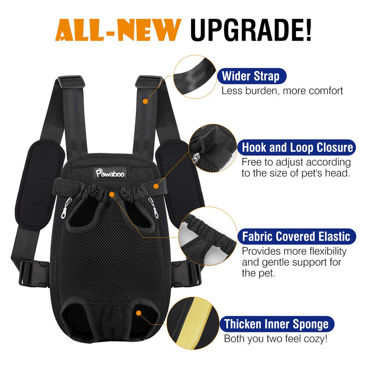 Pawaboo Pet Carrier Backpack, Adjustable Pet Front Cat Dog Carrier Backpack Travel Bag, Legs Out, Easy-Fit for Traveling Hiking Camping for Small Medium Dogs Cats Puppies, Large, Black