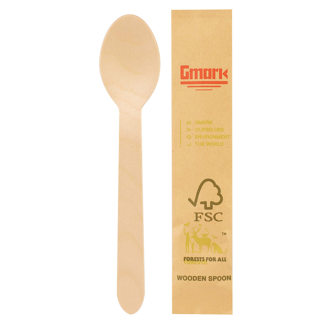 Disposable Wooden Spoons Paper Wrapped | Pack of 100-6.5 Spoons | 100% All-Natural, Eco-Friendly, Biodegradable, and Compostable 100 ct Individually Wrapped in Box GM1024