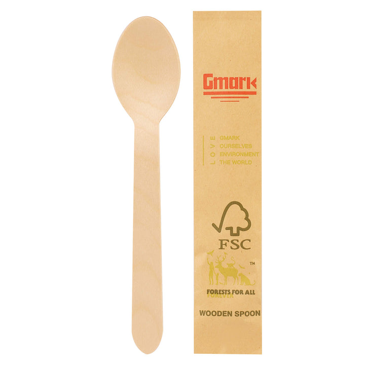 Disposable Wooden Spoons Paper Wrapped | Pack of 100-6.5 Spoons | 100% All-Natural, Eco-Friendly, Biodegradable, and Compostable 100 ct Individually Wrapped in Box GM1024