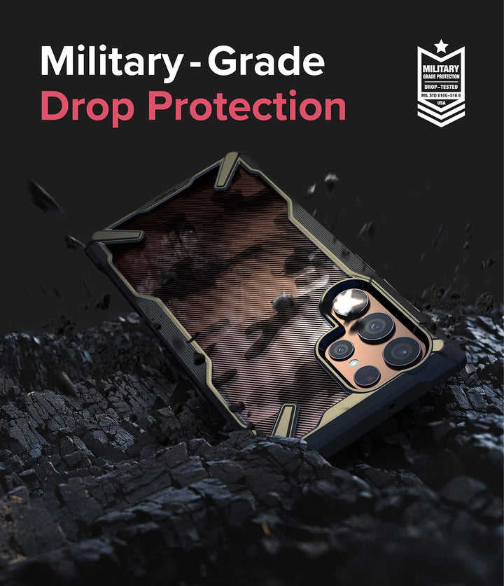 Fusion-X Compatible with Samsung Galaxy S22 Ultra 5G Case (2022), Camouflage Hard Back with Shockproof Enhanced Side Protective Bumper Phone Cover for S22 Ultra 6.8-Inch - Camo Black