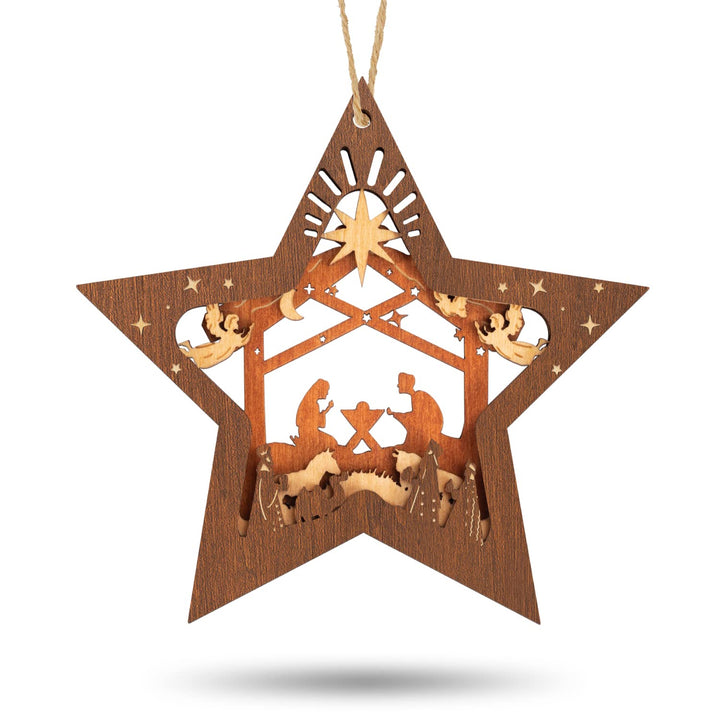 Nativity Scene Ornaments, Christmas Wooden Hanging Ornament Star Shaped Nativity Scene Keepsake for Xmas Tree, The Birth of Jesus Decoration, Religious Gift for Family Friends and Christian