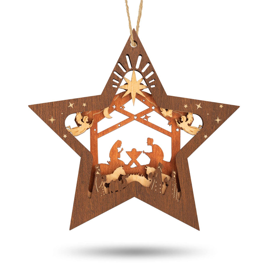 Nativity Scene Ornaments, Christmas Wooden Hanging Ornament Star Shaped Nativity Scene Keepsake for Xmas Tree, The Birth of Jesus Decoration, Religious Gift for Family Friends and Christian