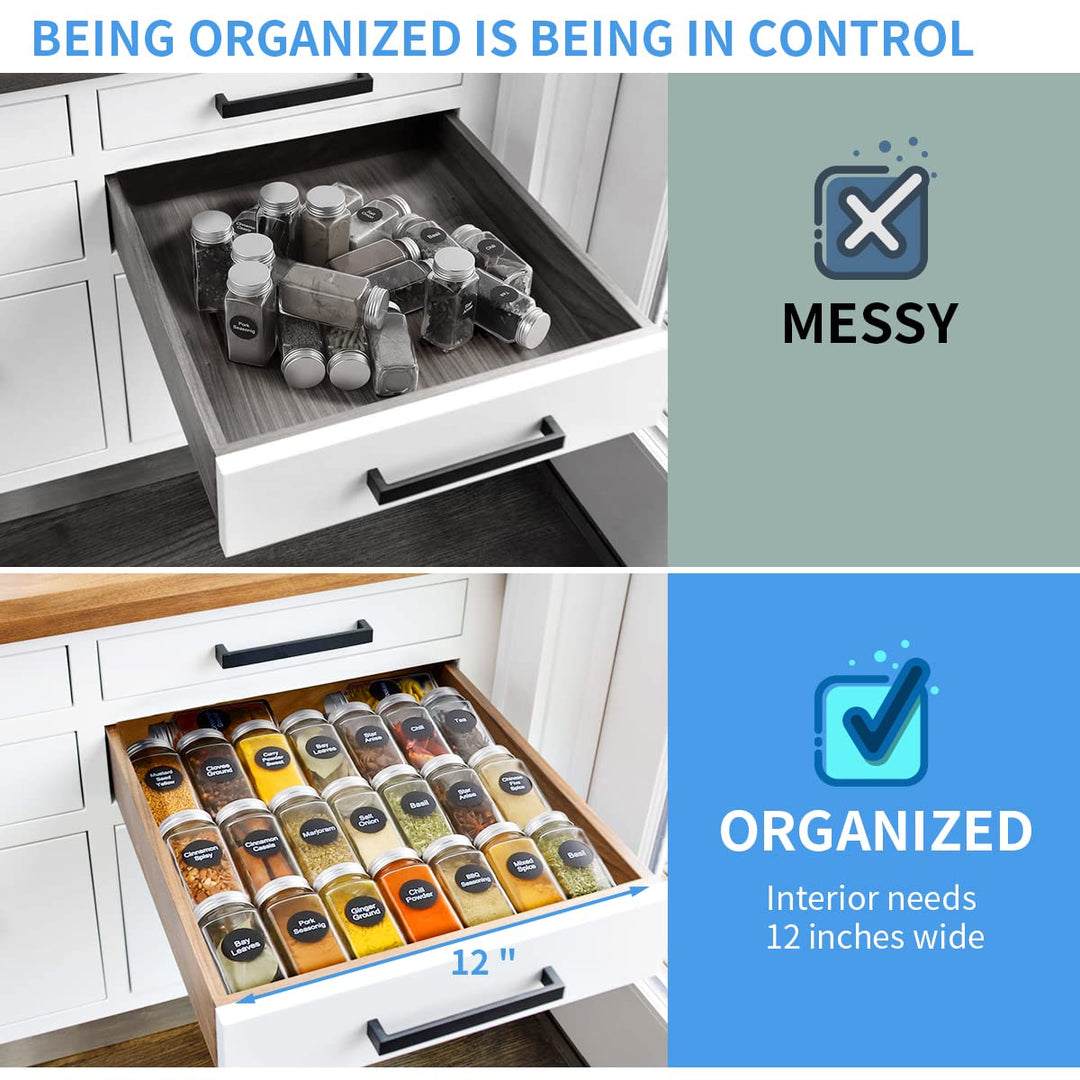 e Drawer Organizer, 4 Tier Spice Rack Organizer for Cabinet Drawer, 2 Pack Expandable Seasoning Organizer Insert from 12 to 24, Drawer Spice Rack Tray for Cabinet/Countertop (Black)