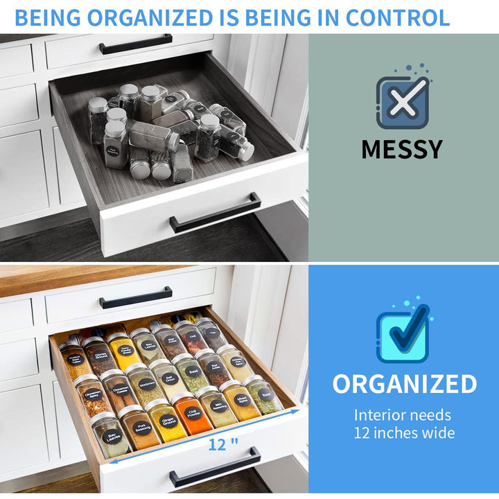 e Drawer Organizer, 4 Tier Spice Rack Organizer for Cabinet Drawer, 2 Pack Expandable Seasoning Organizer Insert from 12 to 24, Drawer Spice Rack Tray for Cabinet/Countertop (Black)