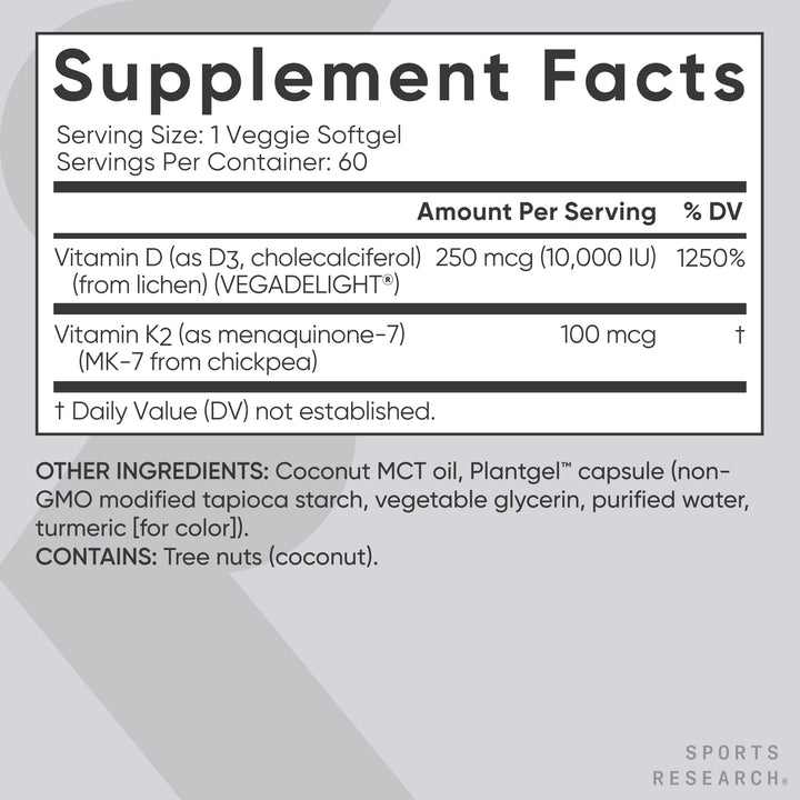® Vegan D3 10,000iu with Vitamin K2 100mg - Formulated with Coconut MCT Oil - Vegan Certified, Soy &amp; Gluten Free - 60 Softgels