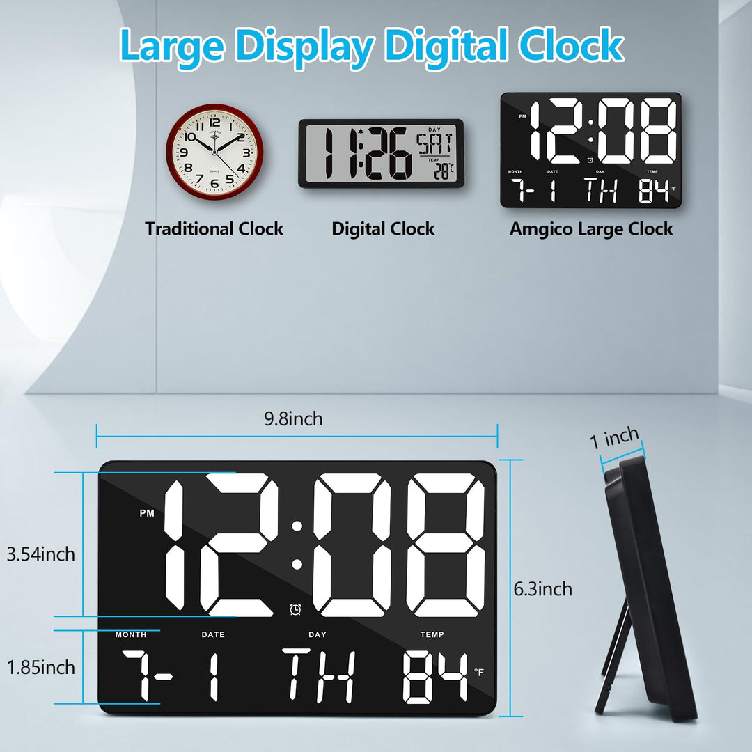 Amgico Digital Alarm Clock with Snooze, Temperature, Auto Dimming, 11.5 Large Display Calendar, Desk/Wall Clock for Bedroom, Living Room, Office, Home, Classroom, Kids, Elderly - White