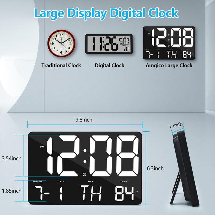 Amgico Digital Alarm Clock with Snooze, Temperature, Auto Dimming, 11.5 Large Display Calendar, Desk/Wall Clock for Bedroom, Living Room, Office, Home, Classroom, Kids, Elderly - White