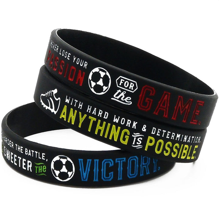Soccer Silicone Wristbands with Motivational Sayings (6-pack) - Soccer Bracelets Jewelry Gifts