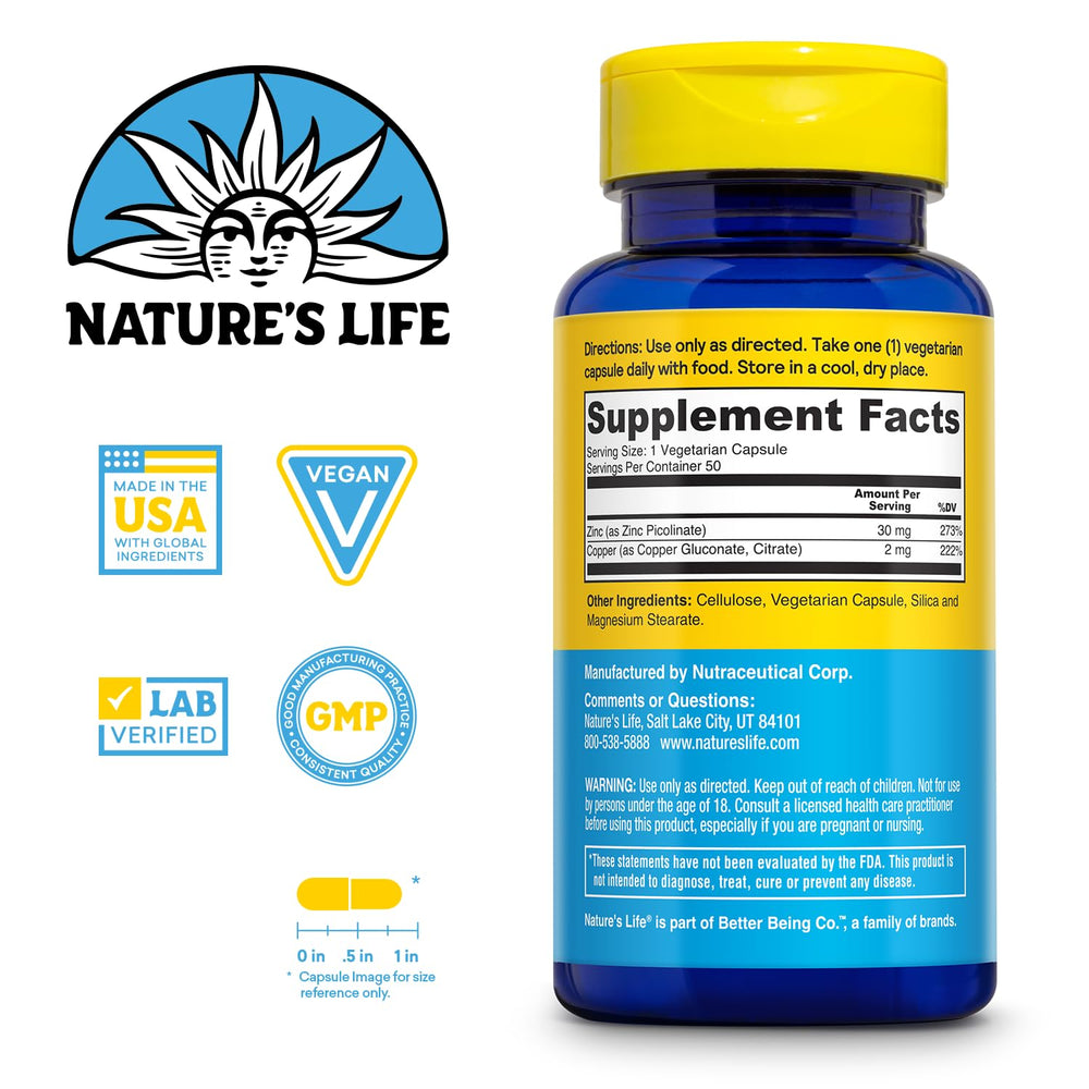 Nature's Life Zinc Picolinate 30mg Plus 2mg of Copp