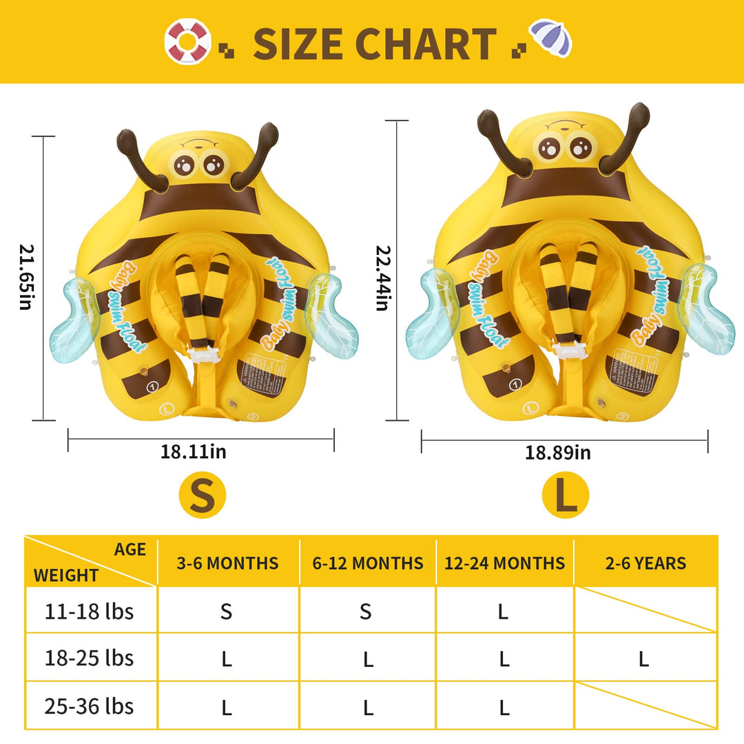 Inflatable Baby Pool Float Ring Size Improved Bumble Bee Toddler Swim Trainer with Canopy for Age of 3-36 Months (Yellow, Large)