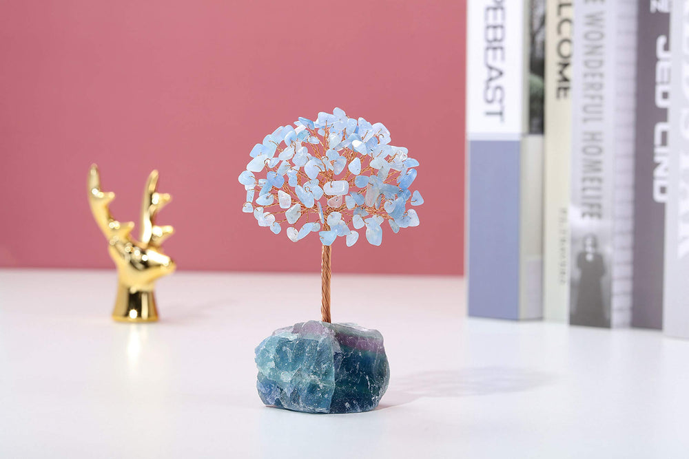 Natural Aquamarine Crystal Tree, Raw Healing Crystals Fluorite Base Bonsai Money Tree for Home Office Table Decor Wealth and Luck