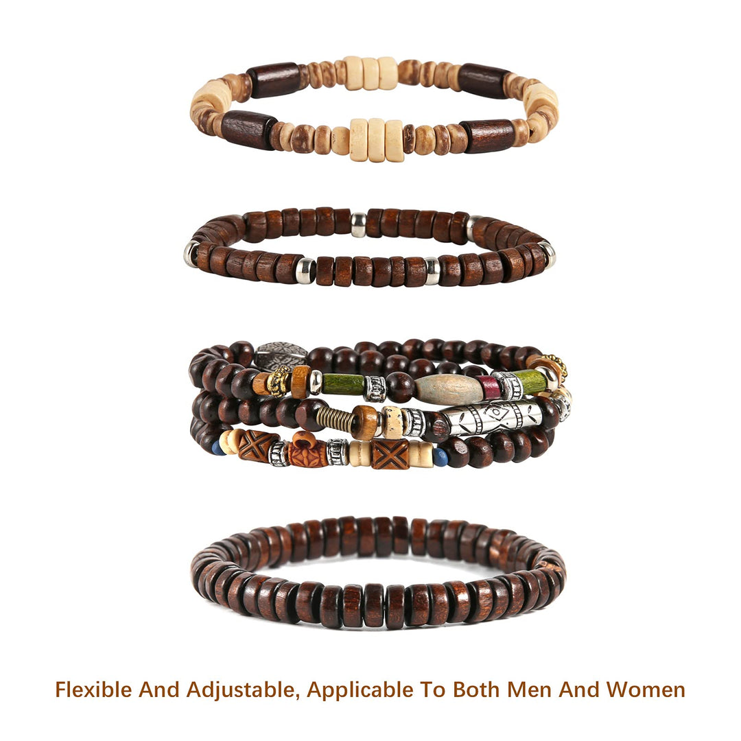 HZMAN Wrap Bracelets Men Women, Hemp Cords Wood Beads E