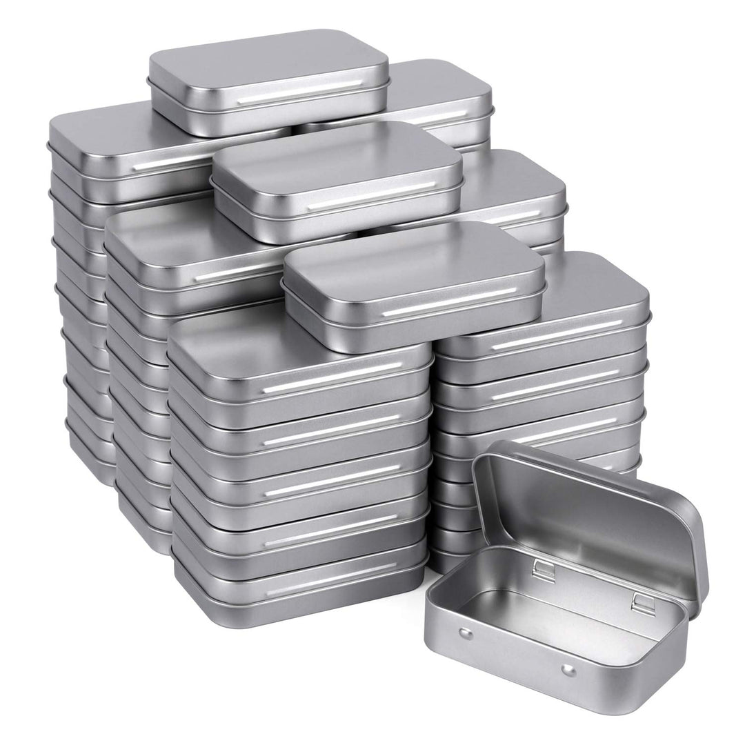 Metal Rectangular Empty Hinged Tins - Pack of 40 Silver Mini Portable Box Small Storage Kit &amp; Home Organizer with lids craft containers 3-1/2&#39;&#39;X2-1/2&#39;&#39;X4/5&#39;&#39;