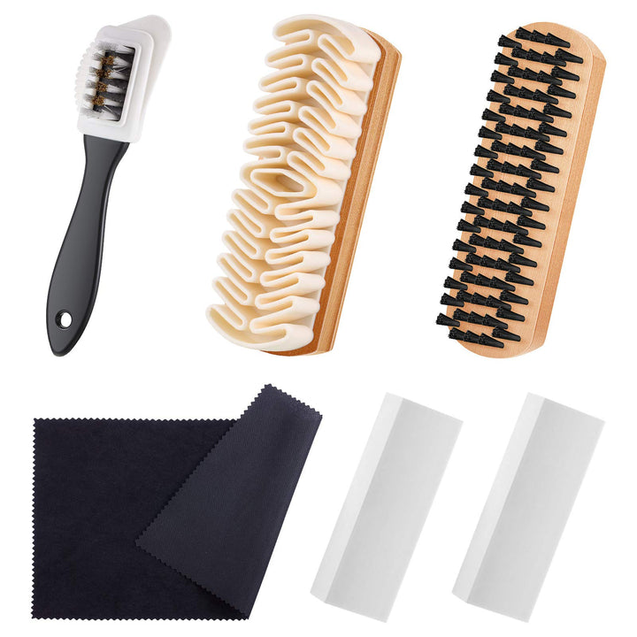 6 Pieces Suede and Nubuck Brushes Kit Includes 1 Bristle Brush, 1 Crepe Suede Brush, 1 4-Way Shoe Brush, 2 Suede Erasers and 1 Microfiber Buffing Cloth for Cleaning Leather Shoes, Boots, High Heels