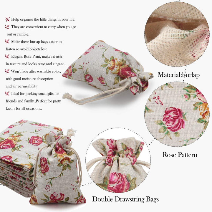 Hapdoo 24 Pack Rose Double Drawstring Burlap Bags Gift 