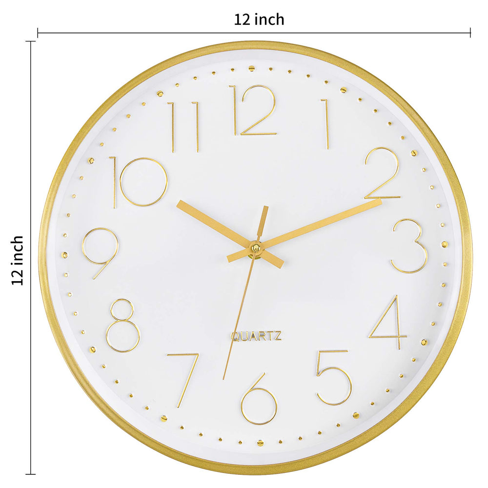 Gold Wall Clock 12 Inch Silent Non-Ticking Battery Operated Round Quartz Modern Wall Clock for Office Living Room Kitchen Bedroom Home Decor