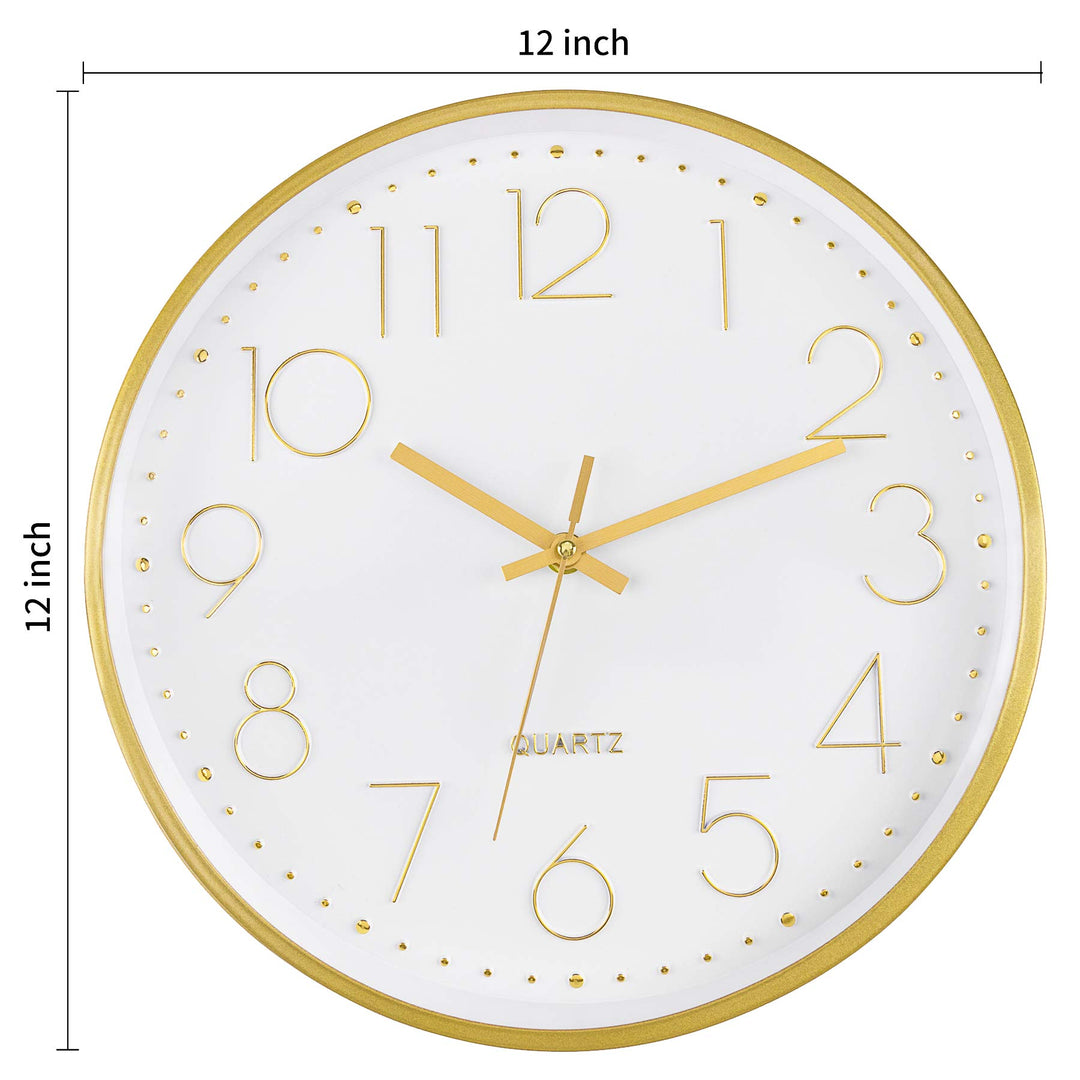 Gold Wall Clock 12 Inch Silent Non-Ticking Battery Operated Round Quartz Modern Wall Clock for Office Living Room Kitchen Bedroom Home Decor