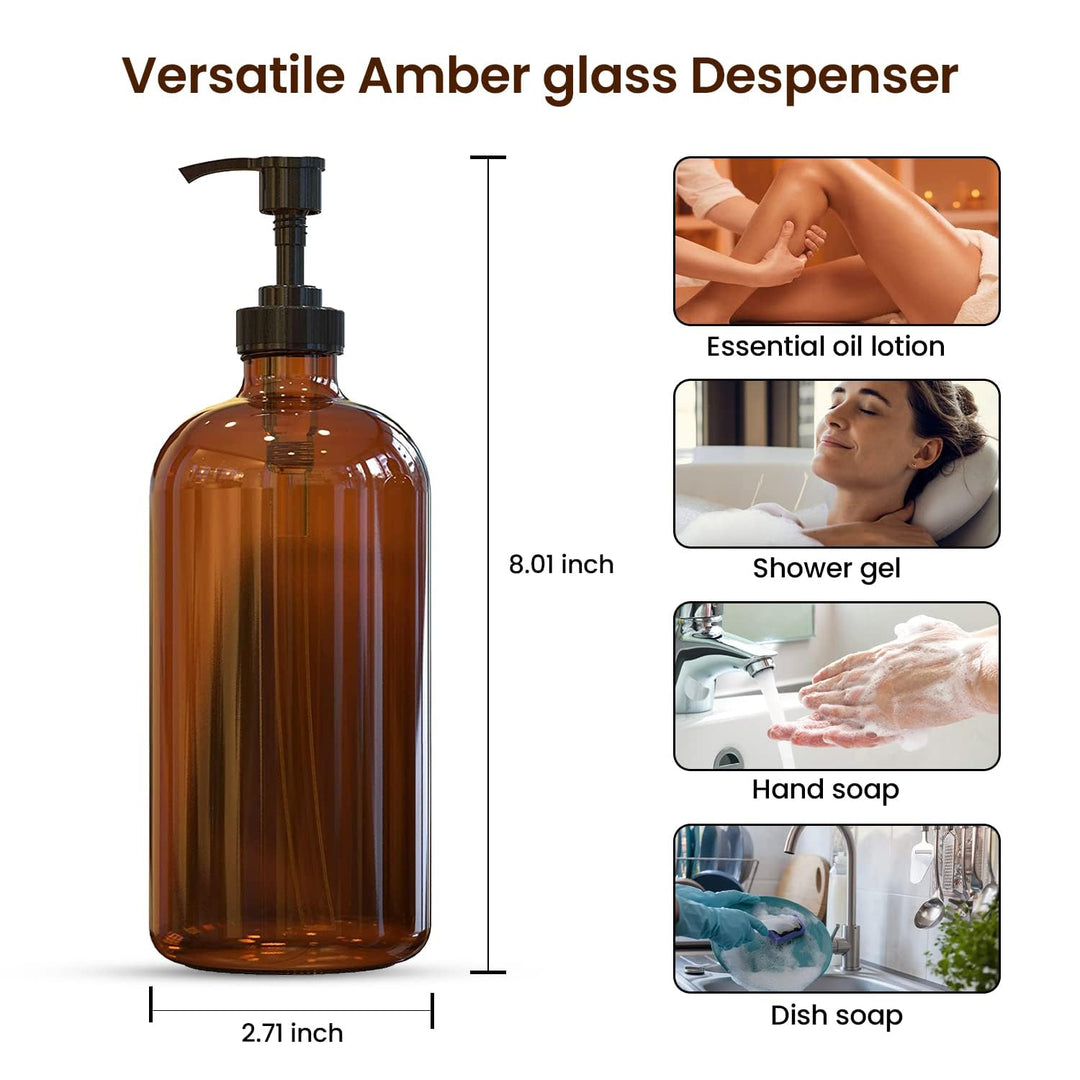 , 16 OZ Thick Amber Glass Soap Dispenser with Plastic Pump 2 Pack, Hand and Dish Soap Dispenser Set for Bathroom with 6 Waterproof Labels