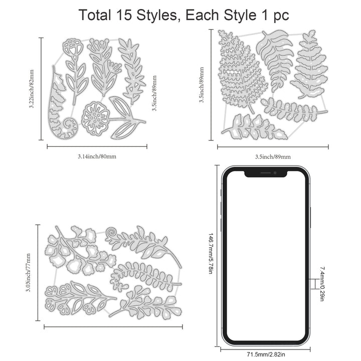 Fern Leaf Cutting Dies Plant Pattern Cutting Stencil Embossing 15pcs Leaves Metal Die Cuts for Scrapbooking DIY Card Making Decorating Paper Stencil