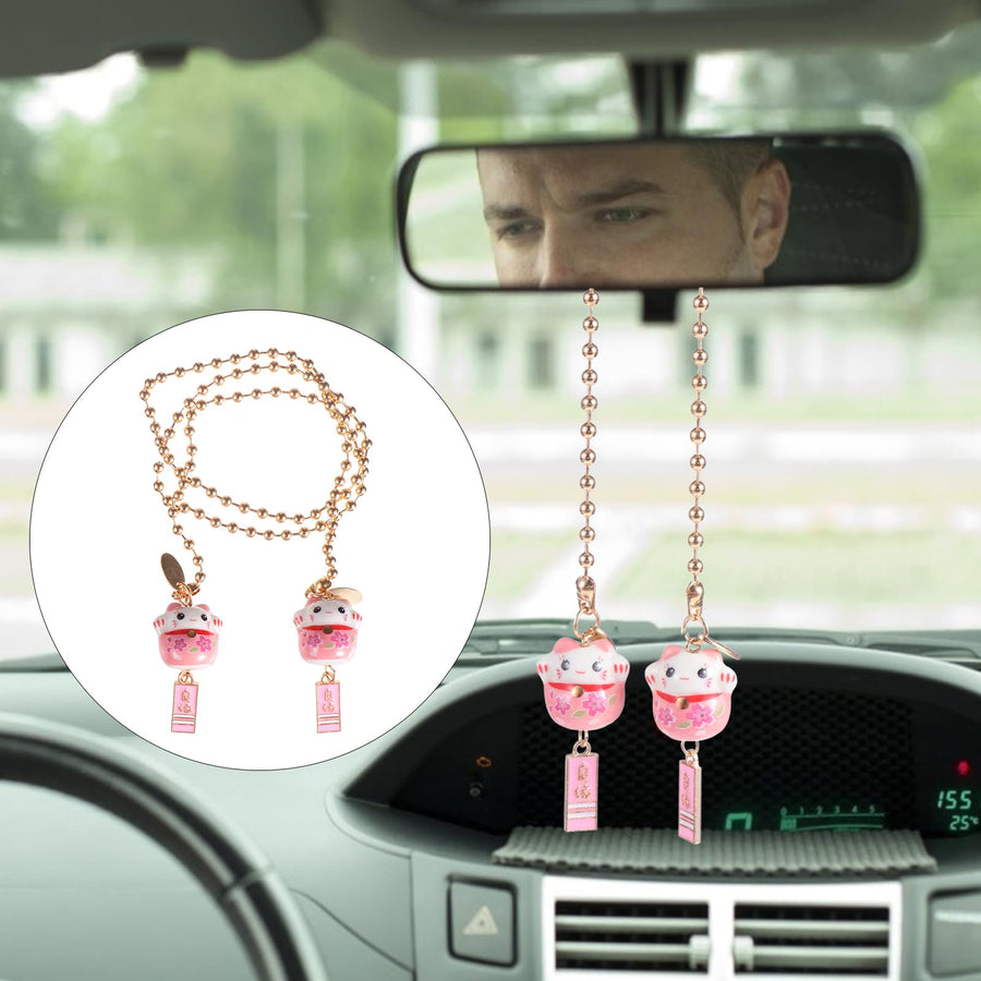 Lucky Cat Car Charm Ceramic Japanese Maneki Cat Car Rear View Mirror Decorative Pendant Hanging Ornaments Auto Interior Accessories for Men and Women