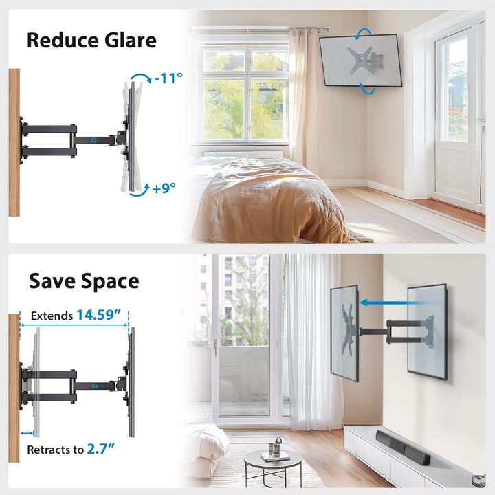 Full Motion TV Monitor Wall Mount Bracket Swivel Tilt Extension Rotation for Echo Show 21/15 and Most 13-42 Inch LED LCD Flat Curved Screen TVs &amp; Monitors, Max VESA 200x200mm up to 44lbs