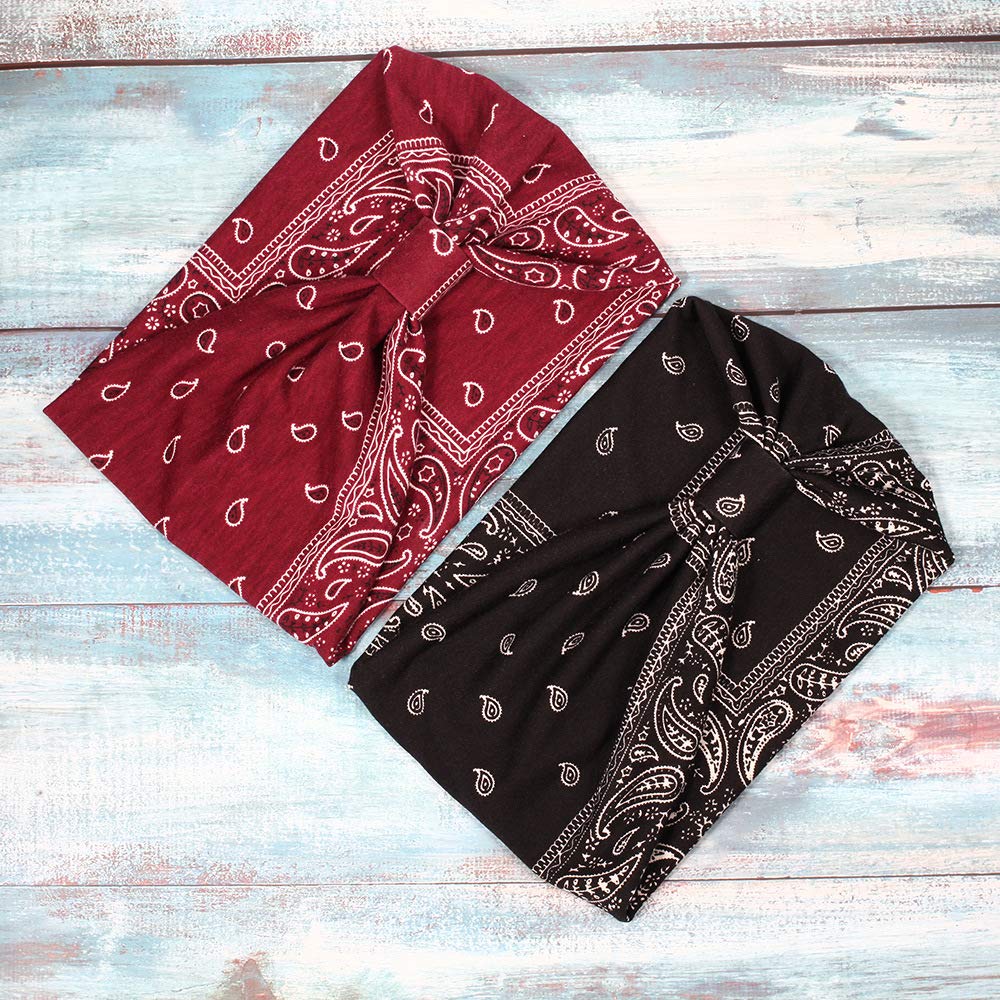 Assorted Paisley Print Wide Bandana Knot Headbands Criss Cross Head Wrap Hair Band (4 Colors Pack B)