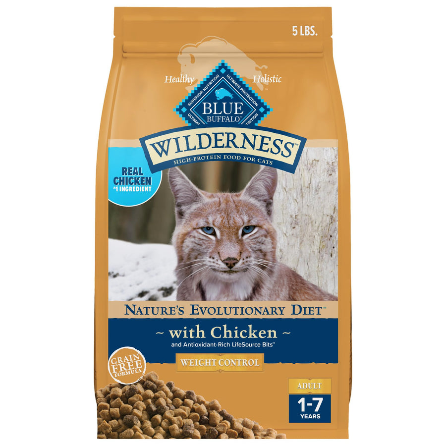 Blue Buffalo Wilderness Natural Adult Weight Management Dry Cat Food, High-Protein & Grain-Free Weight Control Formula, Chicken, 5-lb Bag