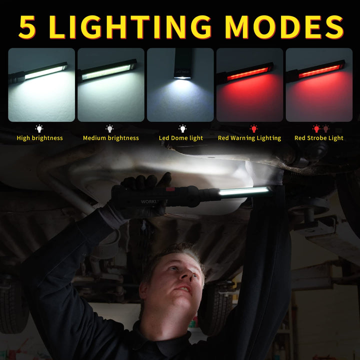 LED Worklight Flashlight, COB Rechargeable Work Lights with Magnetic Base 360 Degree Rotate and 5 Modes Portable Flood Light Inspection Construction Light for Car Repair (Grey, 2 Pack)