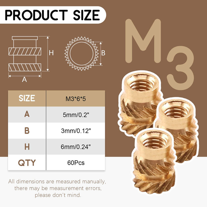 60Pcs M3x8x5mm Brass Nuts Embedment Nut Thread Brass Knurled Nuts Threaded Heat Set Insert Nuts Hydraulic Welded Joint Injection Molding for 3D Printing Injection Molding