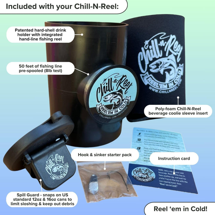 Fishing Can Cooler (from Shark Tank) | Hard Shell Drink Holder with Hand Line Reel Attached | Fits Any Standard Insulator Sleeve or Coozie | Unique Fun Fishing Gift (Camo Classic)