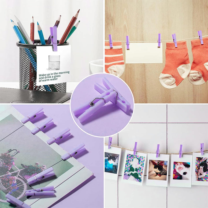 50 PCS Small Transparent Plastic Tool Paper Clips Clothespins Clip Clothing Line Clip Photo Clips 1.4 x 0.25 Inch Mini Clothespins Baby Shower Clothing Pins Plastic Small Clips for Party (Purple)